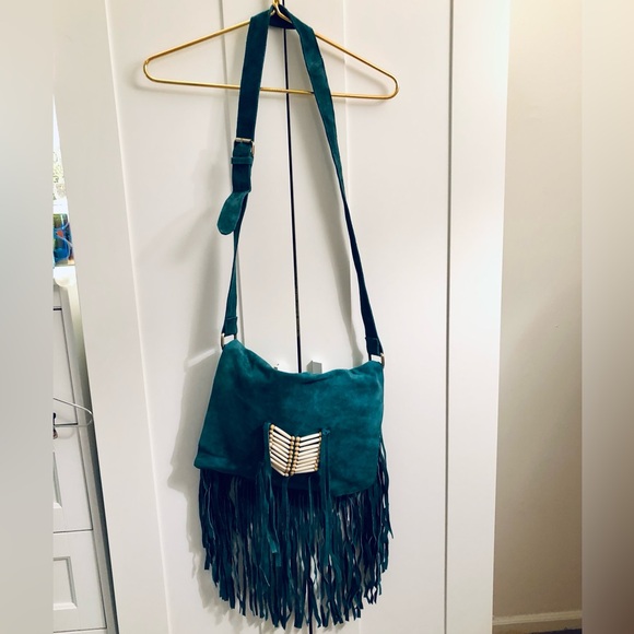 Highly sought after RAJ suede crossbody w/chevron front beading & fringe trim. - Picture 7 of 14